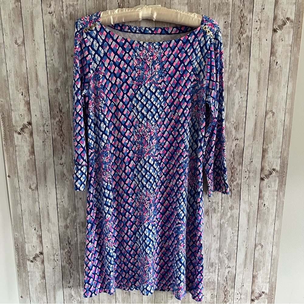 Lilly Pulitzer Sophie Blue and Pink Toe In Boat Pineapple 3/4 Sleeve Dress Med